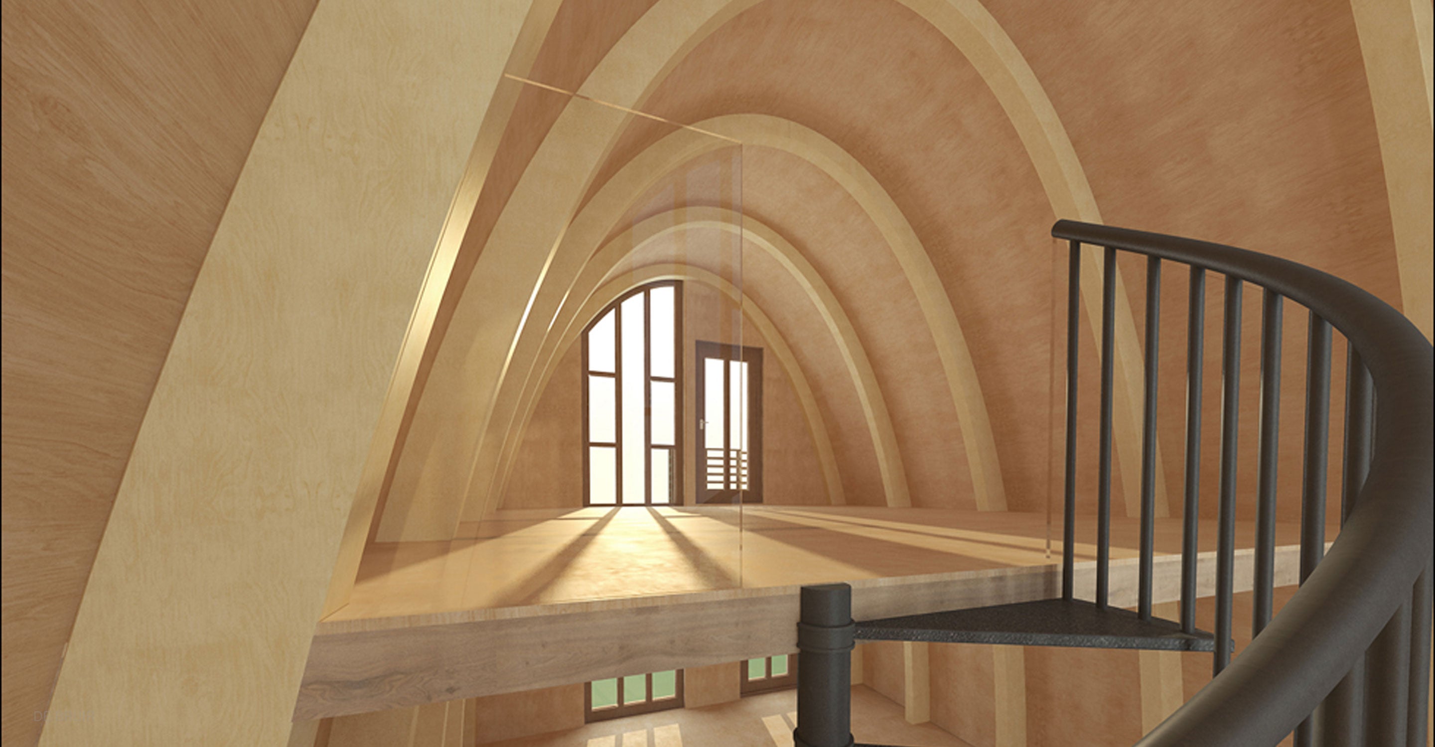 An architectural visualisation of the curving timber interior of the Aviator Haus