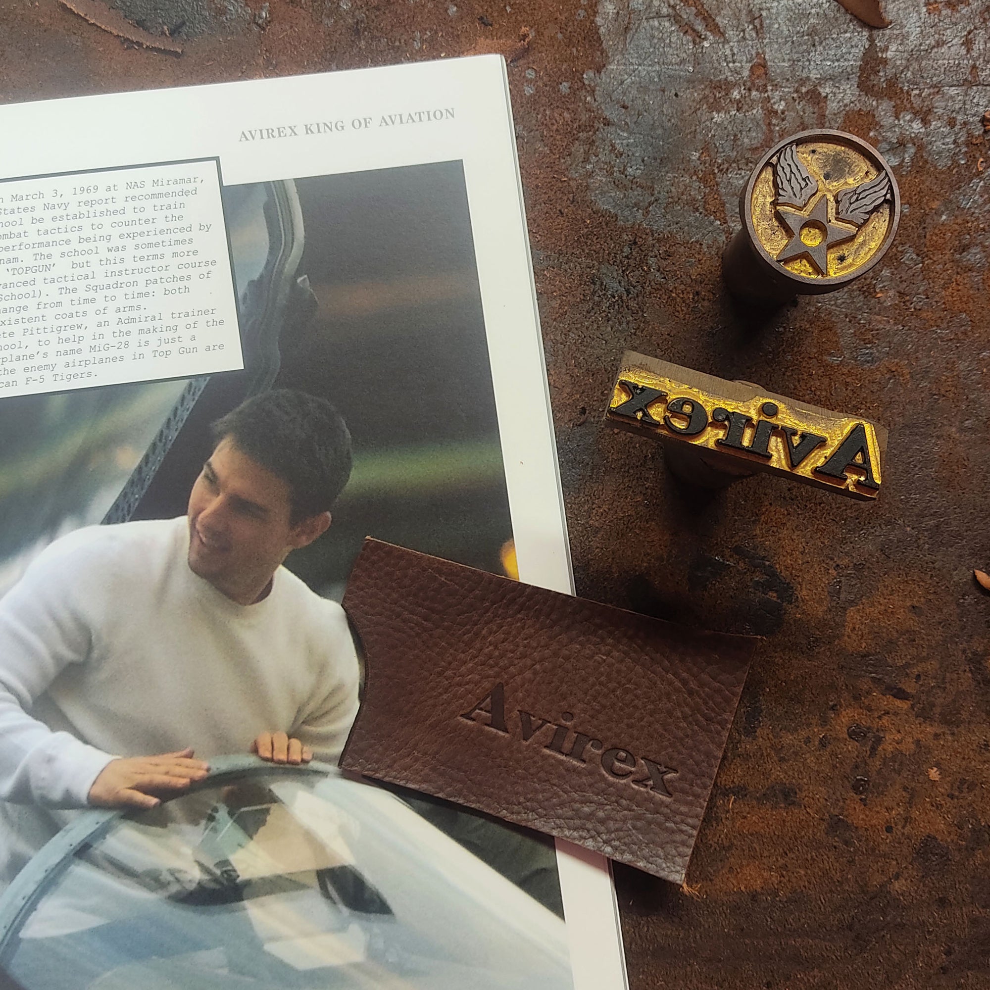 Brass Logo stamps for Avirex with AVIREX King of Aviation book open.
AVIREX are the makers of the classic US Navy Pilot's jacket made famous by Tom Cruise in Top Gun.
Stamps used by Garvan de Bruir.