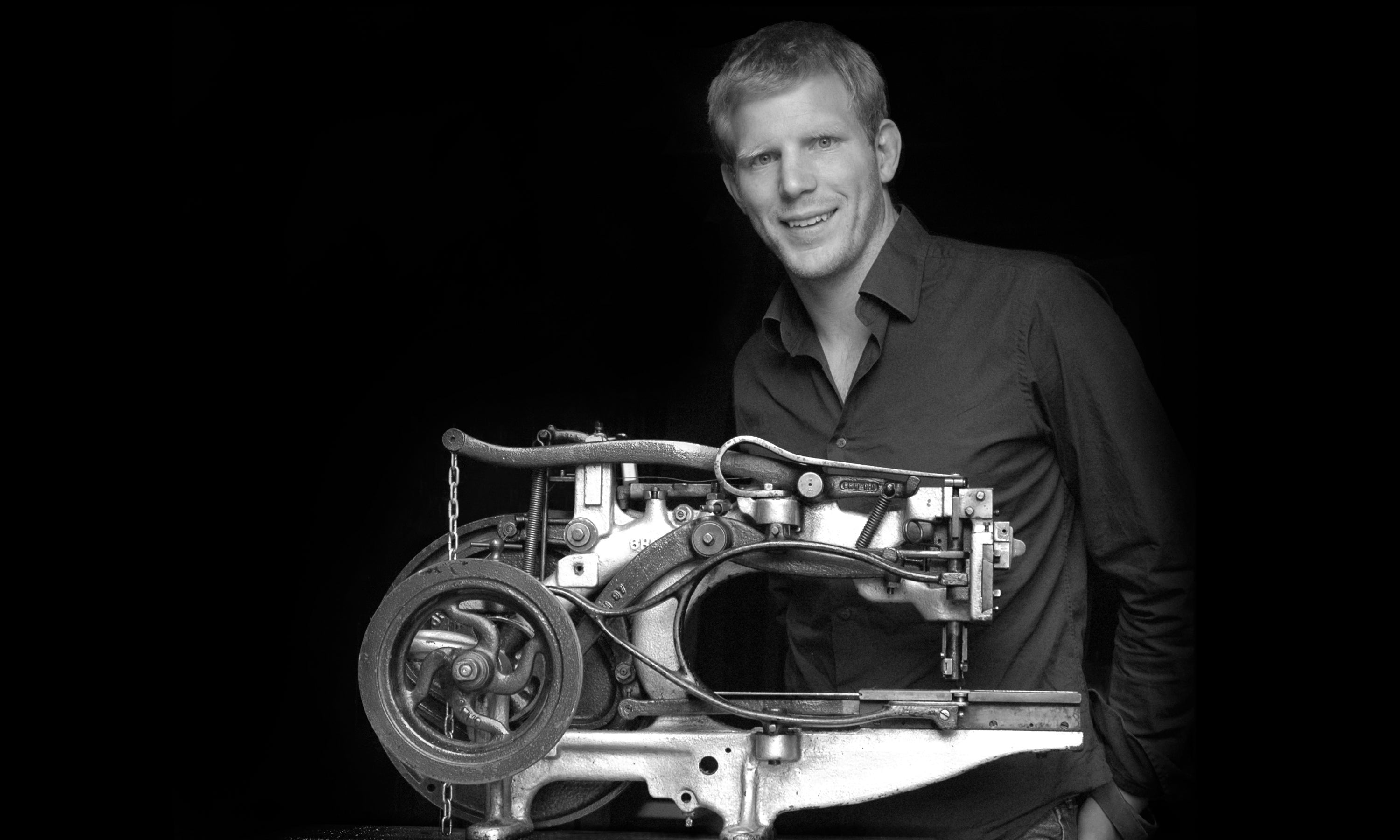 Portrait of a young Garvan de Bruir with his Pearson No.6 sewing machine.
The machine was built by the British United Shoe Machinery Company in the late 1800s.