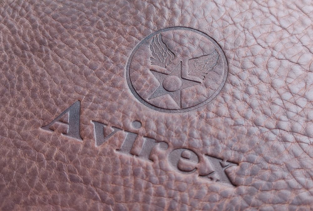 Custom embossed Irish handmade leather with Avirex branding for corporate gifts