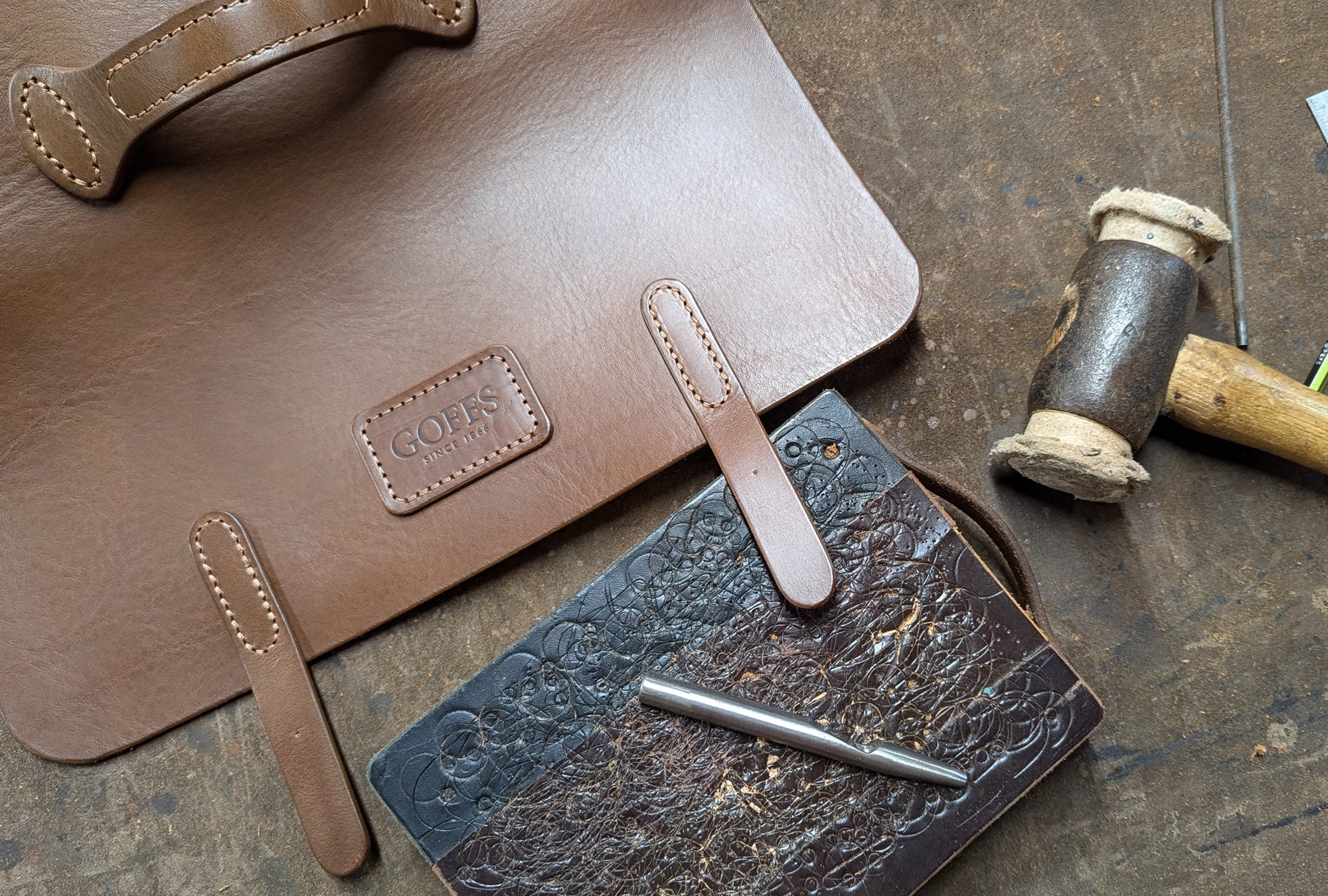GOFFS branded handmade leather bag with custom embossing for corporate gifting