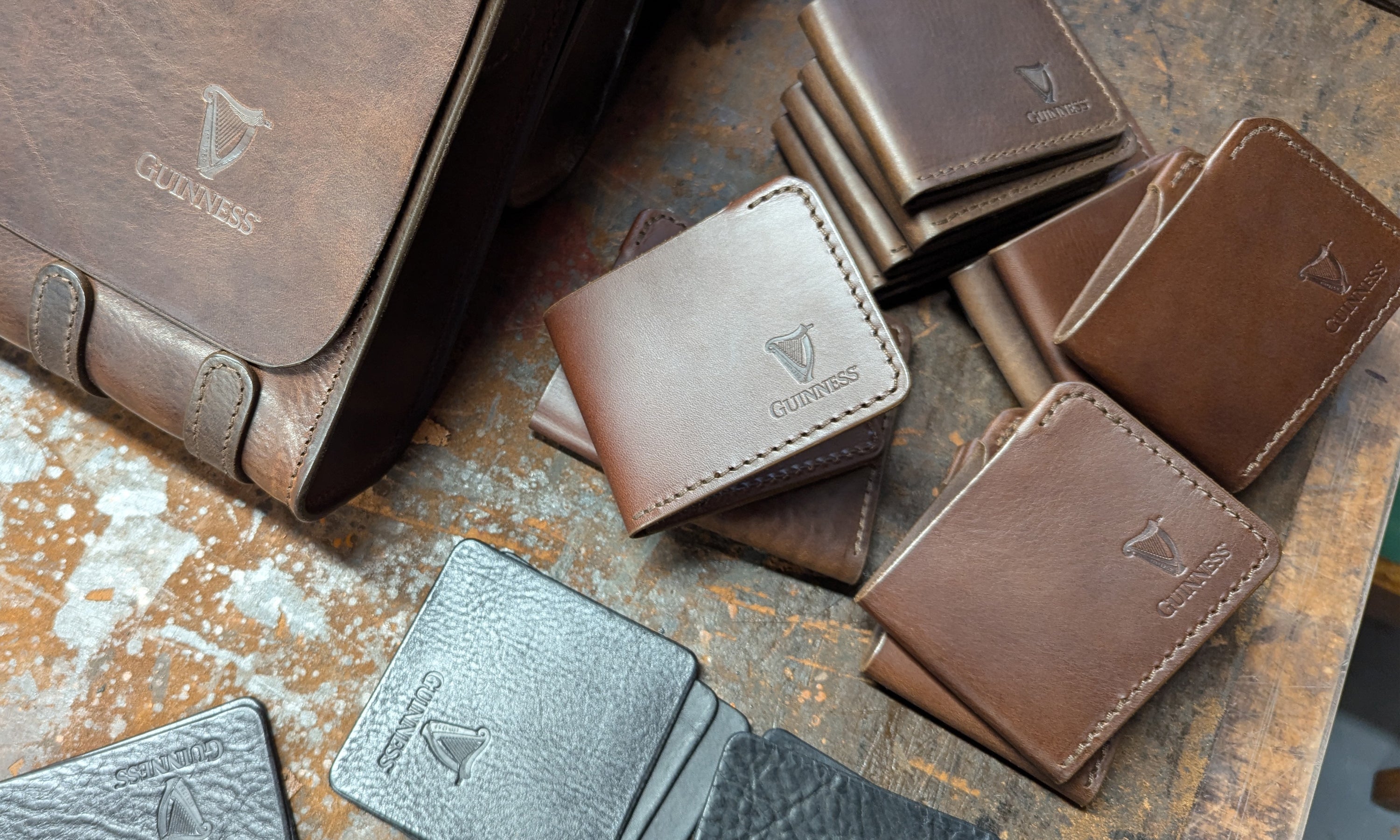 Collection of full grain handcrafted leather wallets with Guinness logo embossed