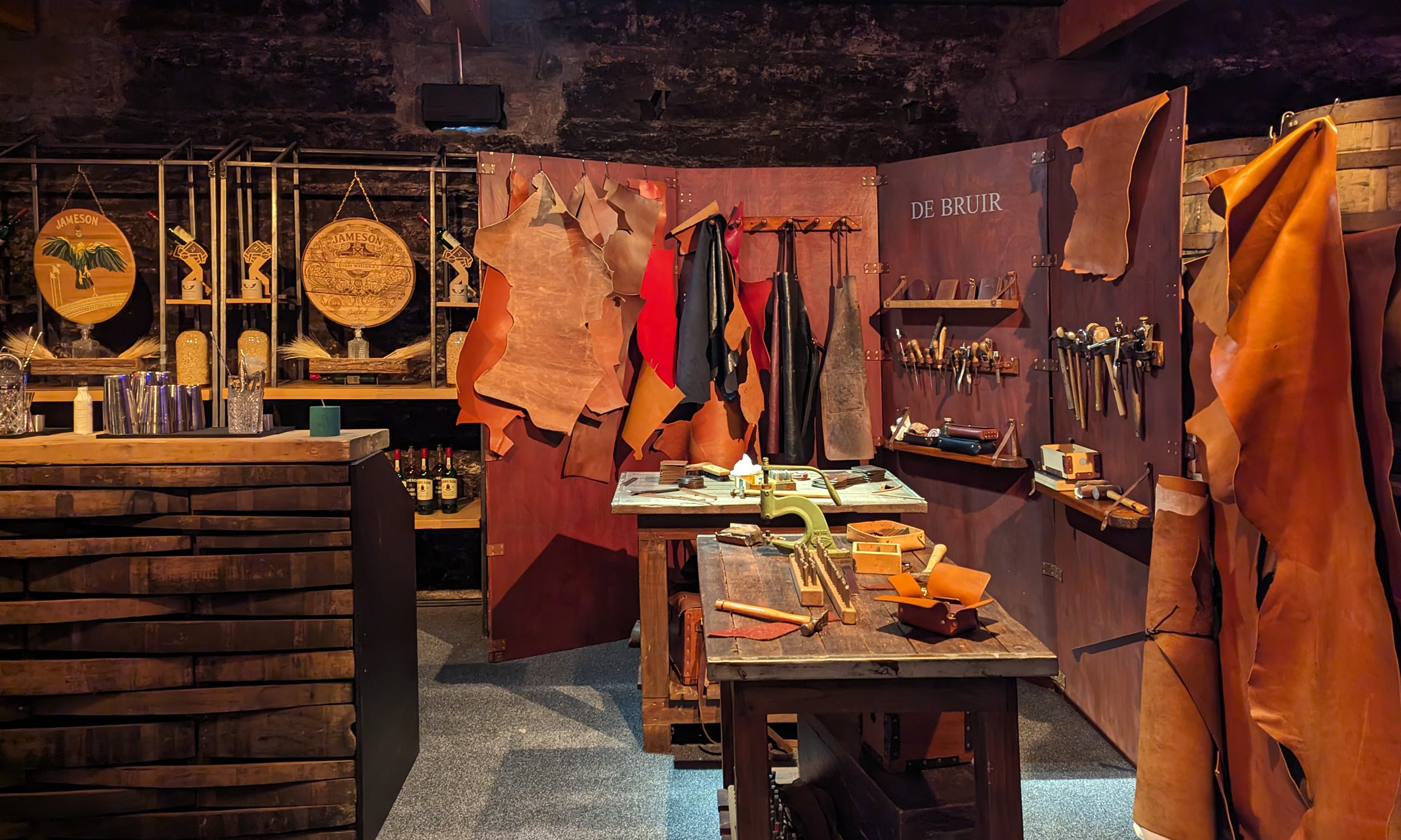 Handcrafted Irish leather workshop at a corporate event with Jameson, featuring live embossing and artisan tools in Dublin