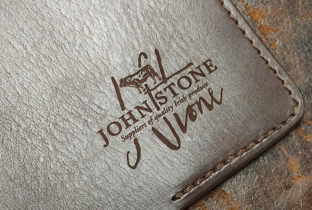 Custom embossed Irish handmade leather with John Stone Irish Produce branding for corporate gifts